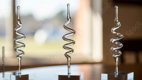 Three spiral glass awards representing achievement. Modern transparent trophies on a light background. Recognition, excellence concept.