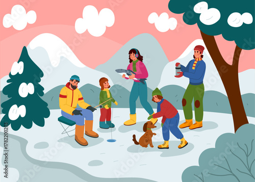 Winter landscape fishing. Family in nature, angling together. Tree in snow. Forest with ice mountains on background. Sports fishery during vacation. Vector cartoon flat isolated tidy illustration