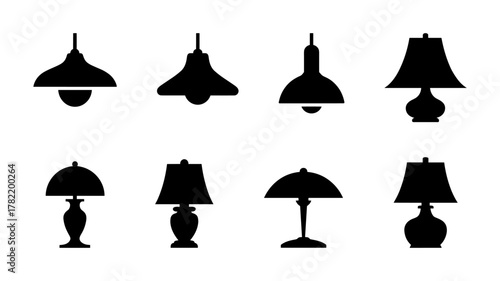 Collection of black lamp silhouettes isolated on white background