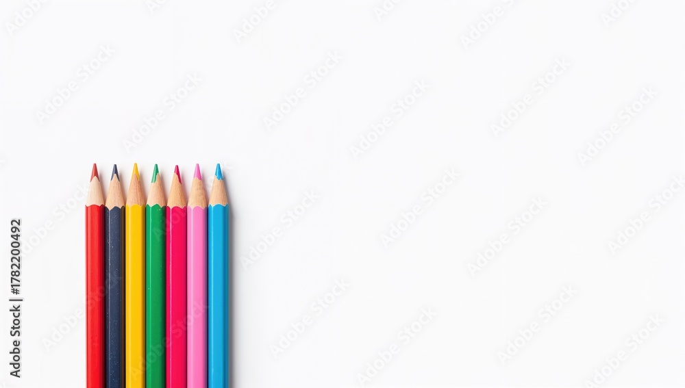 Fototapeta premium Vibrantly colored pencils arranged on a white backdrop, suitable for text placement