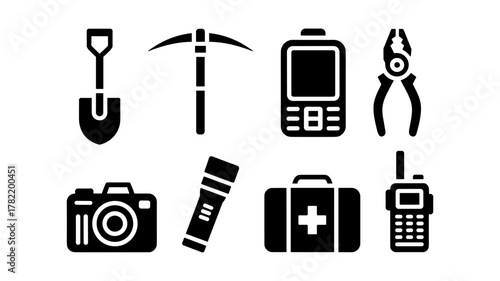 Collection of survival and exploration tools isolated on white background