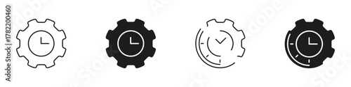 Gear With Clock Solid Icon Set. Time Management, Efficiency, And Productivity Enhancement Outline And Silhouette Symbol Collection. Workflow Optimization. Isolated Vector Illustration