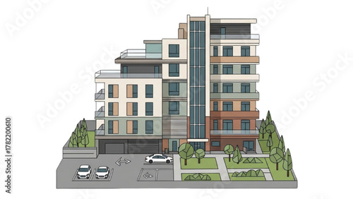 Modern Apartment Building with Green Spaces and Parking