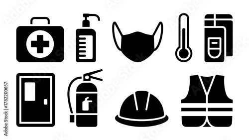 Collection of safety and medical icons isolated on white background