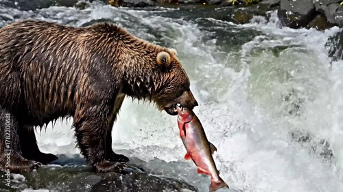 Grizzly Bear Catching a Salmon Fish from a Rushing Waterfall in Alaska Wilderness