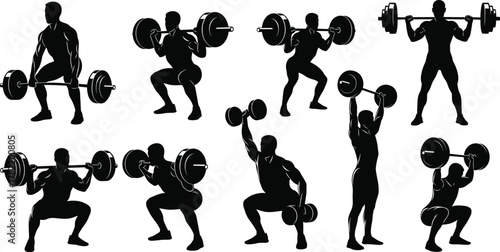 Weightlifting exercise silhouettes, gym workout poses, strength training icons, flat vector, CAD drawing, fitness scene, editable illustration set