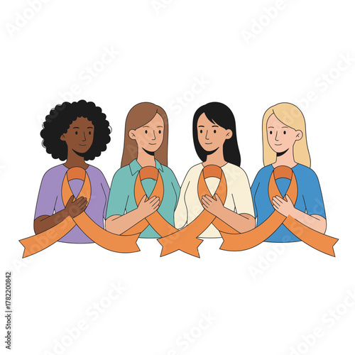 Diverse Women Holding Orange Ribbons Symbolizing Unity and the Elimination of Violence Against Women