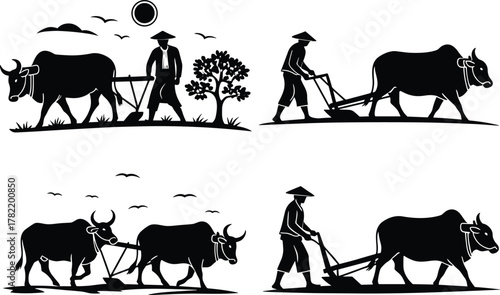 Traditional farming, oxen plowing, silhouette panels, rural agriculture, manual cultivation, heritage scene, farmer labor, flat vector illustration, field work, nature