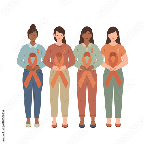 Diverse Women Holding Orange Ribbons Symbolizing Unity and the Elimination of Violence Against Women