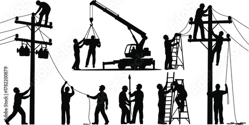 Utility workers, power line installation, crane operation, transformer repair, silhouette crew, safety gear, teamwork, infrastructure maintenance, flat vector illustration