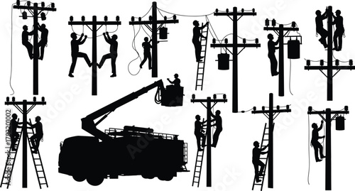 Utility workers silhouette, electrical pole tasks, bucket truck operation, climbing, maintenance, transformer repair, field crew teamwork, black illustration - 