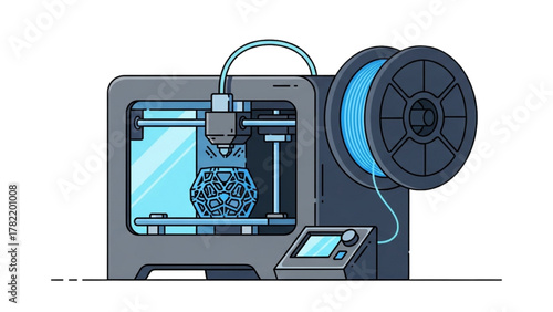 Illustration of 3D Printer Machine with Printed Object