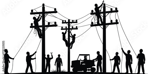 Utility workers silhouette, electrical line maintenance, teamwork, infrastructure repair, power pole climbing, occupational safety, field crew coordination, black and white illustration - flavector