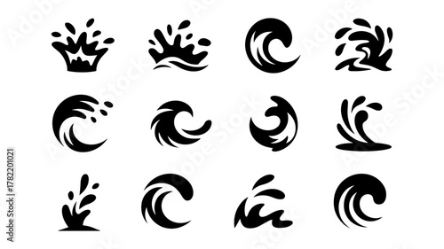 Collection of black water splash and wave icons isolated on white background