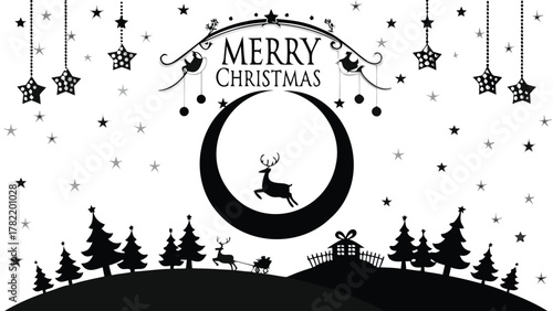 Whimsical silhouette merry christmas scene with reindeer sleigh and crescent moon against starry night sky