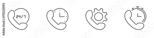 Phone Service Line Icon Set. 24-7 Support, Time Management, Technical Assistance, And Quick Response Outline Symbol. Customer Service And Communication. Editable Stroke. Isolated Vector Illustration