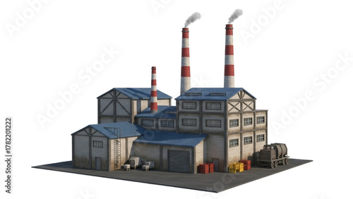 Industrial Factory Illustration Detailed Render of a Manufacturing Facility, Smoke Stacks