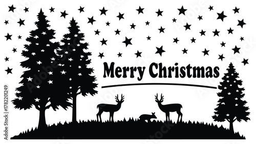 Merry christmas greeting with silhouette of deer and pine trees under a starry night sky