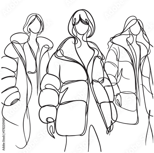 Abstract sketch fashion models in down jacket, winter illustration