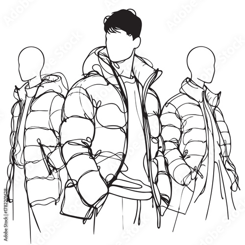 Abstract sketch fashion male in down jacket, winter illustration