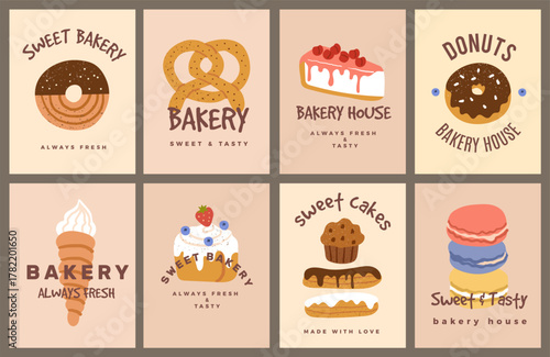 Bakery card. Sweet dessert labels. Tasty pastry logo. Poster with baked goods. Cake, pretzel, ice cream and macaroons. Emblems collection. Vector banner with confectionery elements for coffee shop