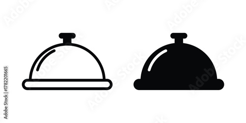 Restaurant Food Serving Cloche Icon Set, Outline and Filled Silhouette of Covered Tray, Hotel Room Service or Cuisine Graphic Symbol, Isolated Vector Illustration