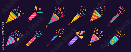 Party popper. Cone cracker. New Year firecracker. Cartoon fireworks. Cute confetti. Hand-drawn celebration. Birthday explosion. Vector festive tidy decoration cartoon flat isolated illustration set