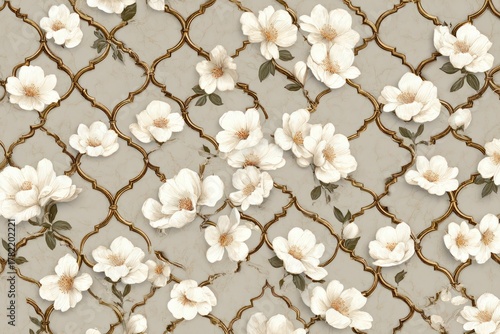Cream Quatrefoil Floral Pattern Wallpaper