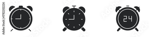 Alarm Clock Solid Icon Set. Time Management, Punctuality, And 24-Hour Schedule Silhouette Symbol Collection. Classic And Digital Clock Designs. Isolated Vector Illustration