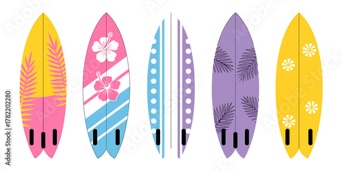 Colorful Surfboards Illustration Summer Beach Vibes and Surf Culture in Vector Style, Ideal for Surf Shops or Online Marketing.