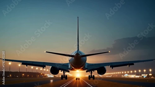 Airplane taking off from runway at sunset with glowing lights