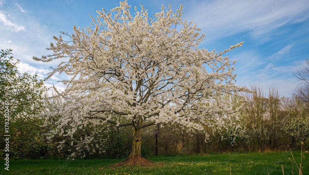 Naklejka premium A crabapple tree adorned with vibrant white blossoms during springtime, showcasing seasonal change