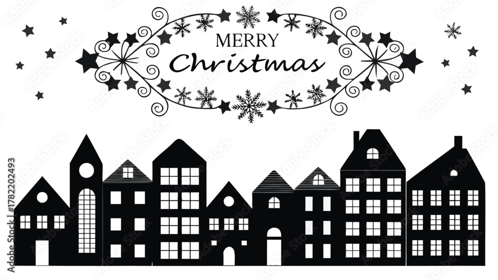 Fototapeta premium Whimsical black silhouette of a snowy village under a merry christmas greeting with stars and snowflakes