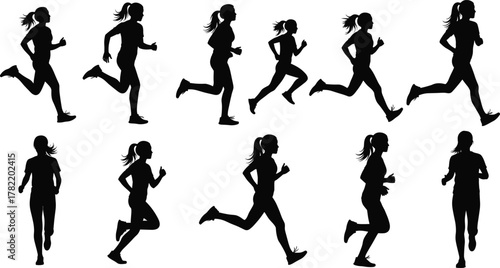 Running woman silhouettes in various jogging poses, female athlete training illustration, fitness exercise design concept for sports, health, gym and outdoor activity