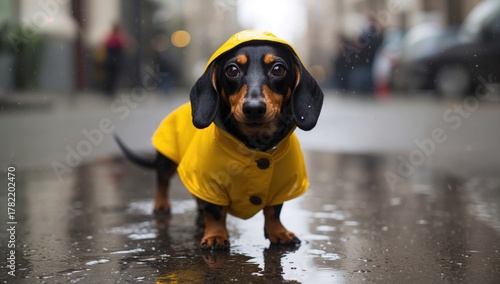 Fototapeta Naklejka Na Ścianę i Meble -  Cute dachshund dog in yellow raincoat standing in a puddle on a street, playful atmosphere
