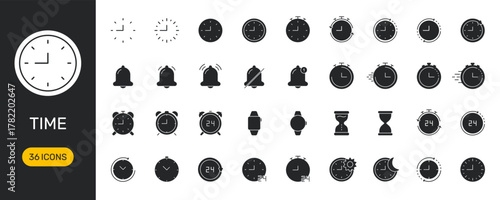 Time Management And Clock Icon Set. Alarm, Stopwatch, And Hourglass Silhouette Symbol Collection. Time Tracking And Scheduling Tools. Isolated Vector Illustration