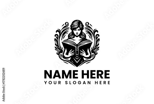 Elegant Woman Reading a Book as a Logo Design with Decorative Elements