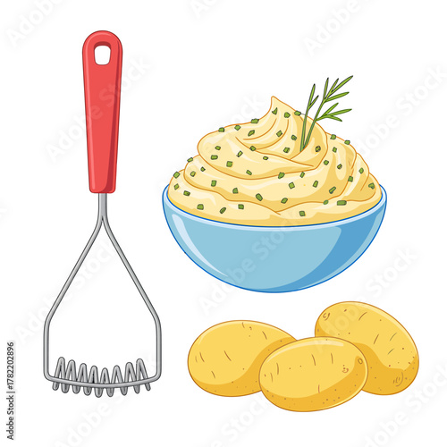 Mashed Potatoes with Fresh Herbs and Potatoes with Masher Illustration