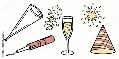 Celebration elements including a party horn, confetti, champagne and party hat