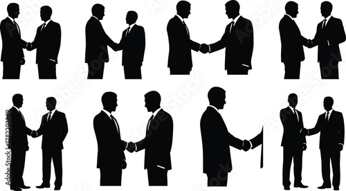 Silhouette business handshake, greeting poses, black outline figures, professional interaction, formal attire group, minimal vector design, corporate gesture concept