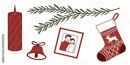 Illustration of christmas themed items including candle, stocking and photo frame