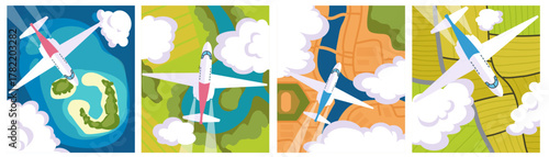 Airliner for travel. Aeroplane with top view. Plane transport in tourism trip. Landscape maps from air. Sea coast and mainland. Aviation atlas. Geographical globe for journey. Vector graphic cards set