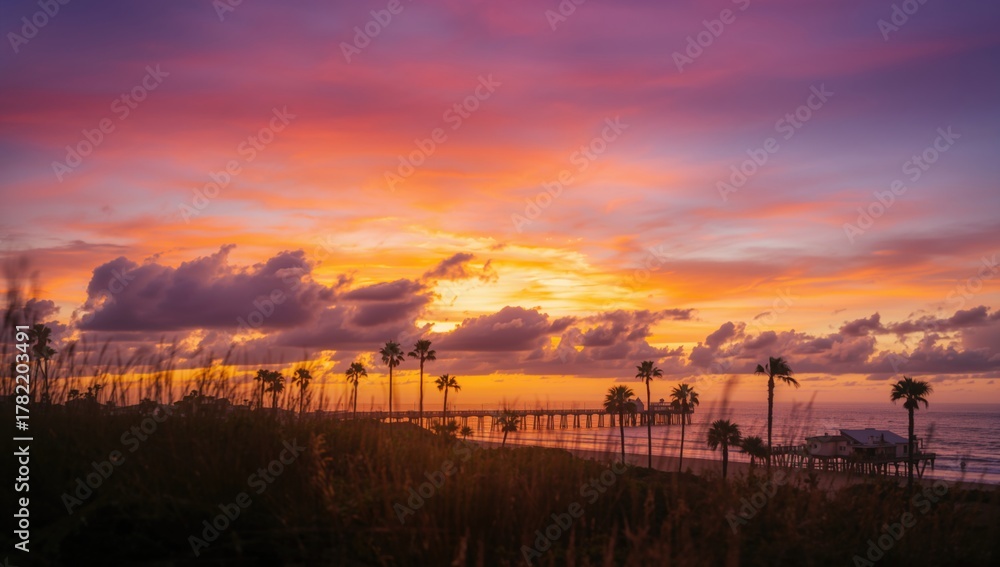 Fototapeta premium A vibrant sunset paints the sky in warm hues, seasonal change