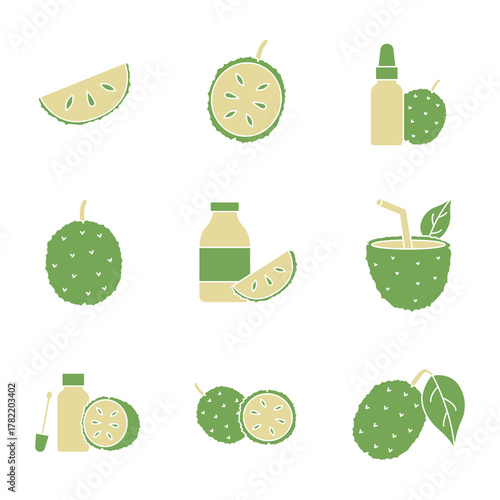 Guyabano icon set, graviola tropical fruit glyph pictograms, soursop oil, guanabana juice symbols