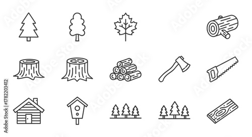 Collection of line icons representing trees, forest elements, and woodworking tools, perfect for web design, books, cards, and apps, featuring editable strokes and a clean vector cartoon style for