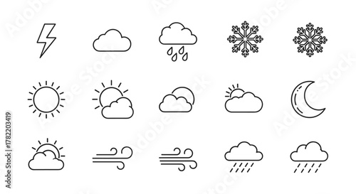 A comprehensive set of thin line weather icons, featuring symbols for lightning, rain, snow, sun, clouds, moon, and wind, presented in a clean, modern outline style suitable for graphic design, web