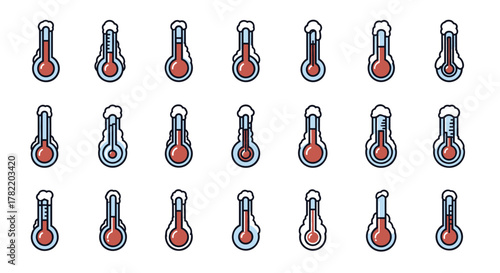 Set of 18 stylized thermometer icons with varying temperature readings, some showing snow or frost, presented in a clean, modern cartoon vector illustration style on a white background, perfect for
