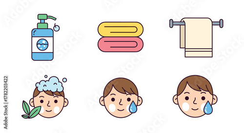 Vibrant flat vector mini-illustrations depicting children's face care essentials, including a soap dispenser, stacked towels, a towel on a rack, a child's face with shampoo and leaves, and a child's