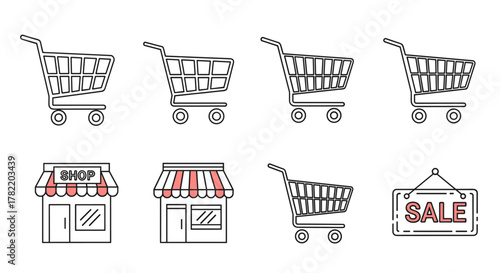 A collection of clean, modern line art icons representing shopping carts, storefronts, and a sale sign, all rendered in a minimalist style on a white background. This vector set is perfect for