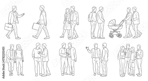 Collection of hand-drawn outline vector illustrations depicting people in various poses: walking, standing, and interacting, including business professionals with briefcases, couples, a family with a
